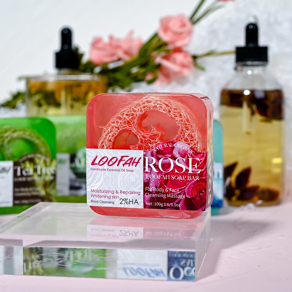 Customized Facial Loofah Soap Acne Treatment Tea Tree Lemon Rose Honey Whitening Handmade Eco-friendly Sponge Honey Loofah Soap