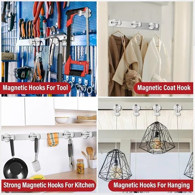 6PCS Set Magnetic Hooks Silver Strong Magnetic for Garage Camper Hanging Heavy Duty Magnet Hook