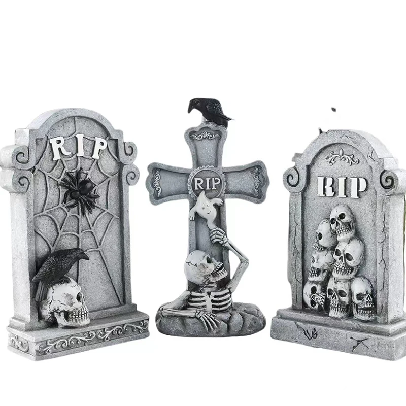 Miniature  Resin Statue halloween tombstone decorations resin halloween tombstone Gravestone With Skeleton and Cobwebs