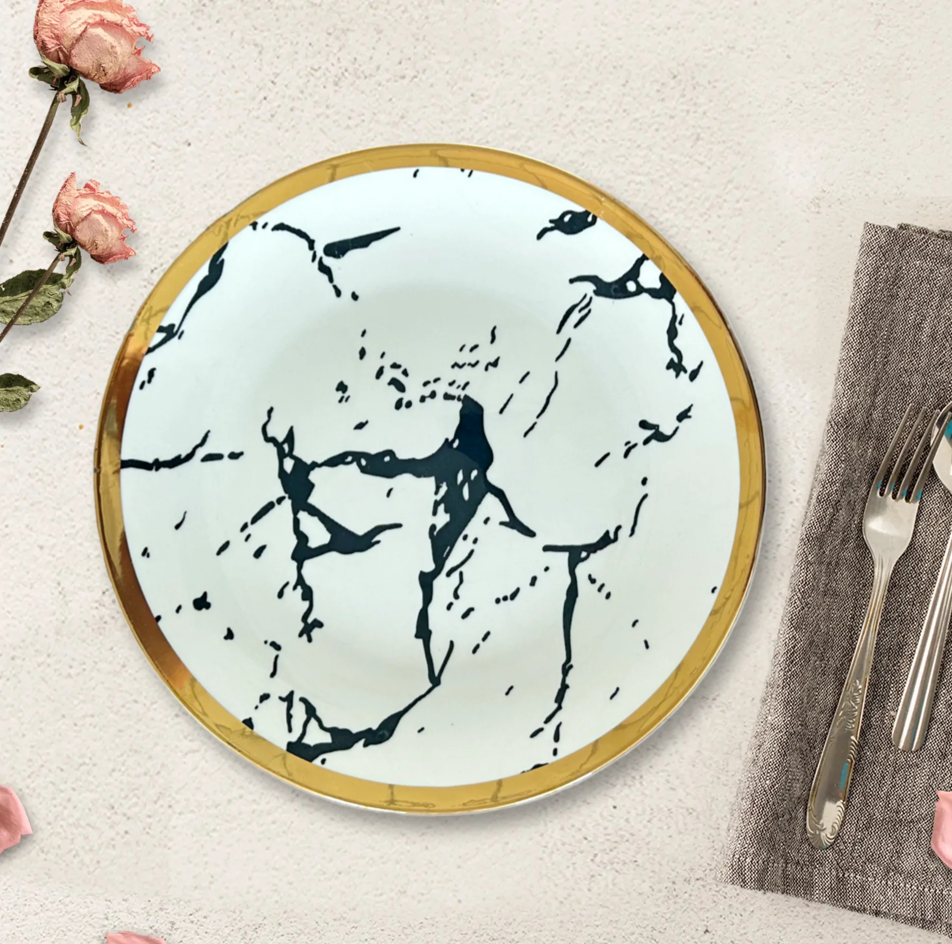 Porcelain Dinnerware Gold Rim Ink Pattern Home Party Wedding Restaurants Luxury  Royal Modern Set Porcelain Dinnerware
