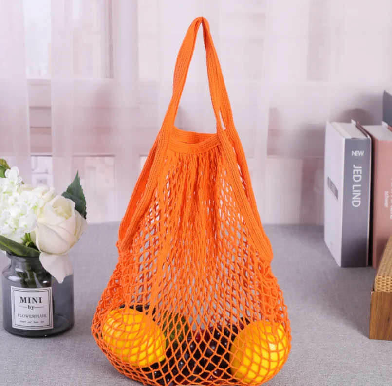 Wholesale Pull Reusable Printed String Vegetable Fruit Grocery Produce Shopping Crochet Tote Fish Mesh Net Cotton Bag with Logo