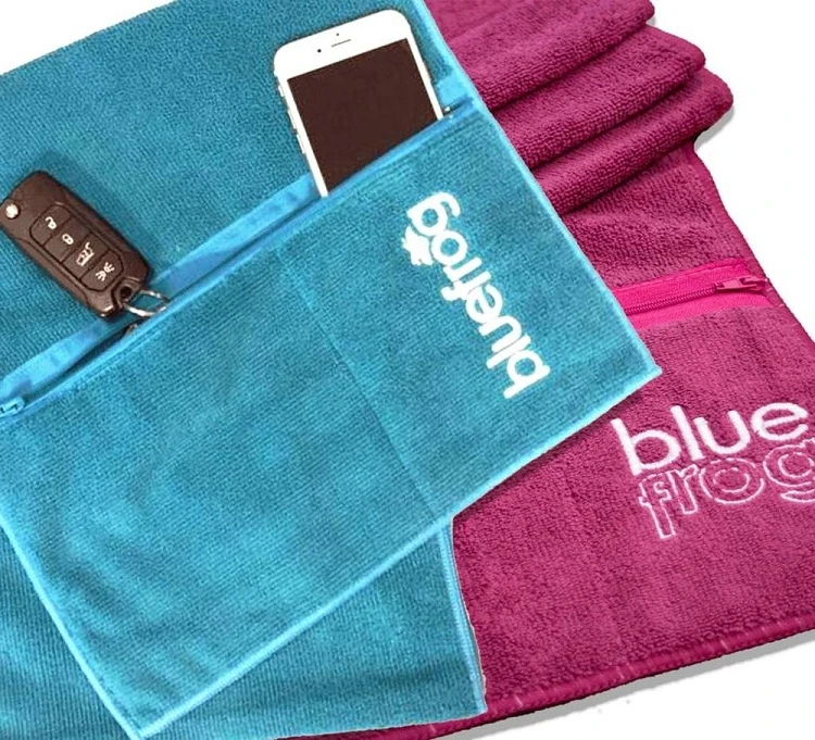 Custom Logo Gym Bench Towels with Zip Pocket 100% Cotton Sports Towel for Fitness