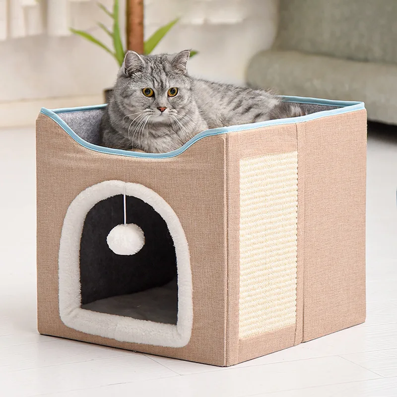 Indoor cat house 2023 foldable pet cats house with Fluffy Ball Hanging and Scratch Pad