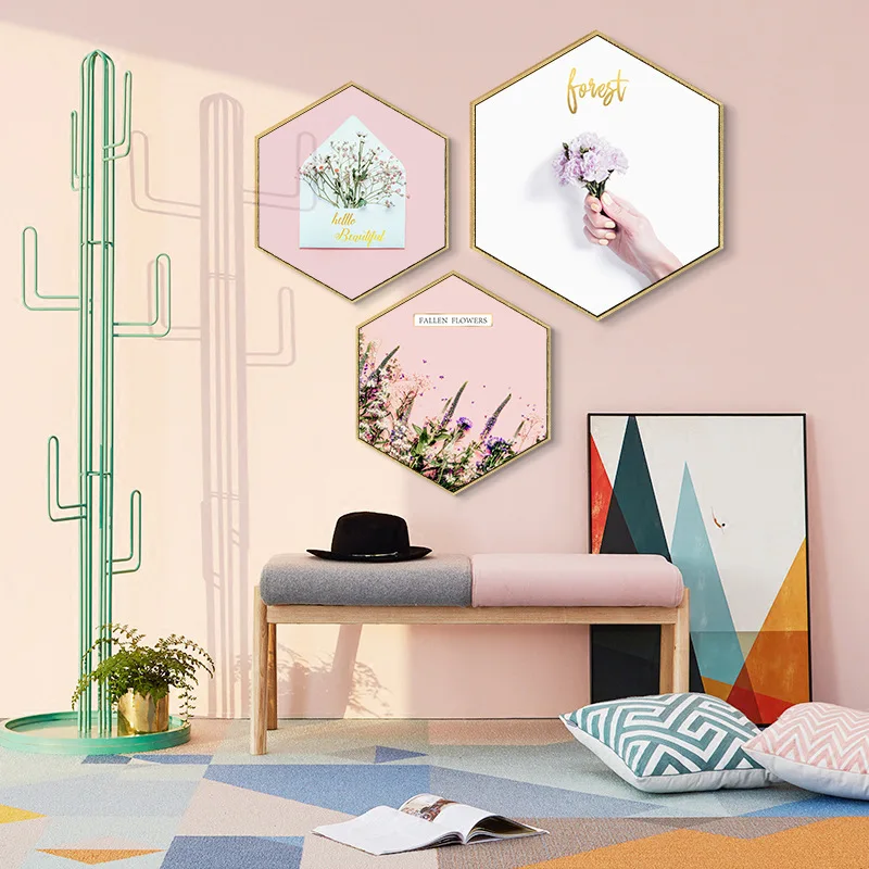Hexagonal green plant wall painting restaurant hanging painting living room decoration painting small fresh cactus mural