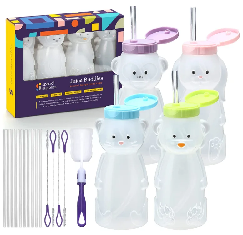 Juice Buddies Straw Sippy Cups for Kids and Toddlers 4-Pack Fun Animal-Shaped Early Learning Training Drink Tumblers