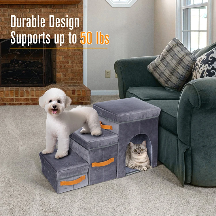 Luxury 3 layers dog stairs gray durable pet ramp steps with storage function for high sofa