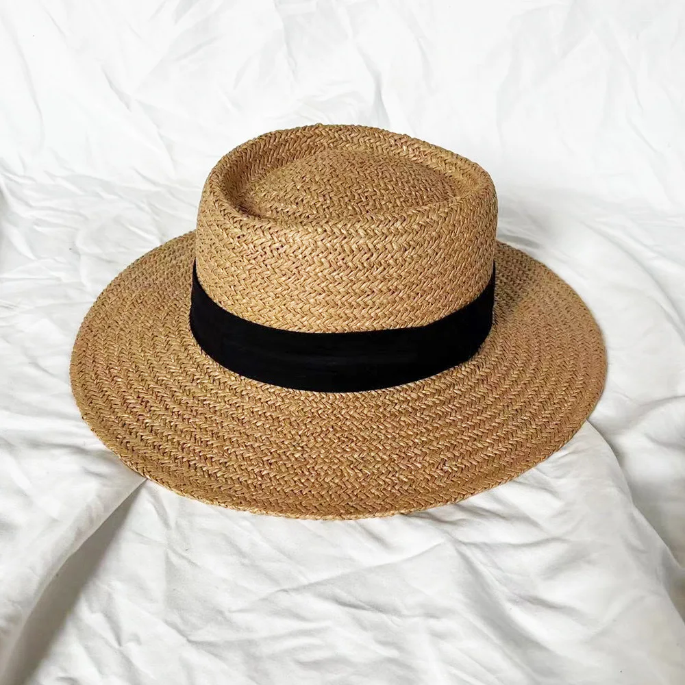 Custom 2024 Hot Sale  Vintage Women Summer Telescope  Boater Beach Sun Hat Hand Weave Paper Straw Hat with Cotton Ribbon