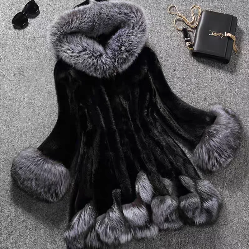 Fashion White Black Faux Mink Fur Coat&Parka Coat Jacket WIth Hood Leopard For Womens