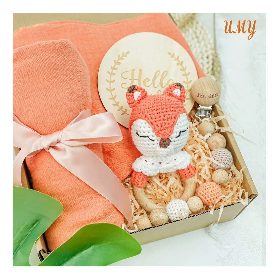 Baby Comforter Toy Security crochet dinosaur rattle Gift Set Custom Solid Cotton Baby Muslin Swaddle Blanket Set