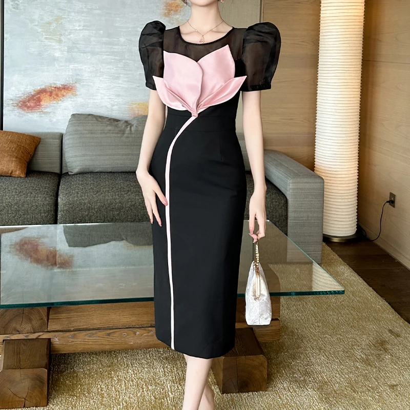 ZYHT 30917 3D Flower Contrast Color Short Sleeve Women Bodycon Black Midi Cocktail Dresses Formal Elegant Vesideo