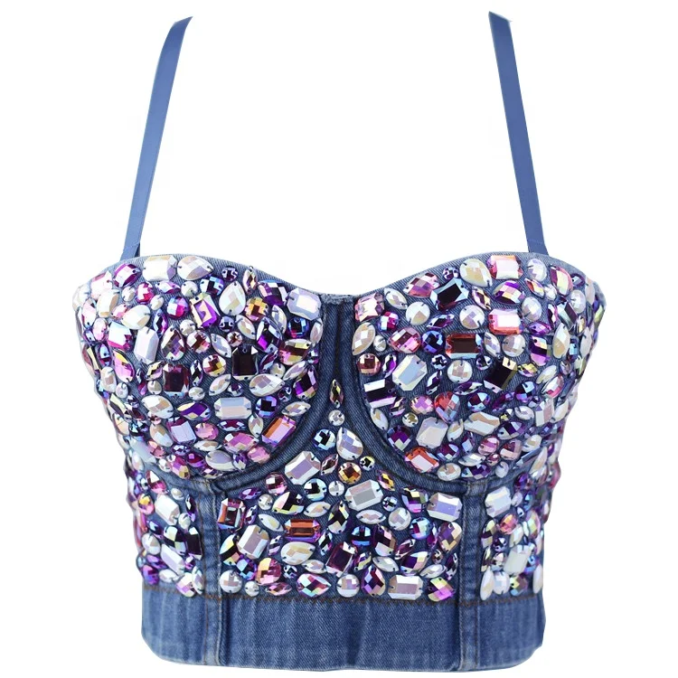 Синие женские сексуальные вышитые бисером драгоценные камни джинсовое Бюстье корсет майка