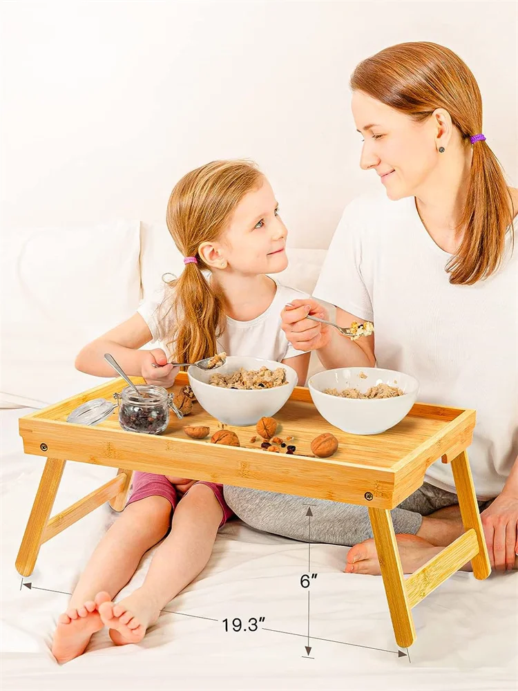 2022 eco-friendly bamboo wood adjustable bed table breakfast tray with foldable legs