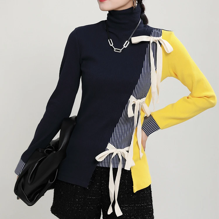 Winter Sweaters Women Chic Pullovers Color Block Blouse Patchwork Long Sleeve Lace-Up Turtleneck Casual Korean Knitted Tops