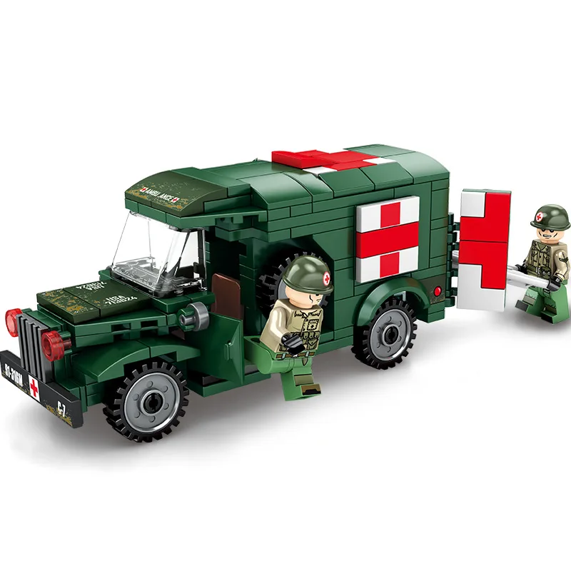 256pcs Steel Empire Military Ambulance Model Building Kits Survival Warfare US Soldier Building Blocks Set Plastic Toys