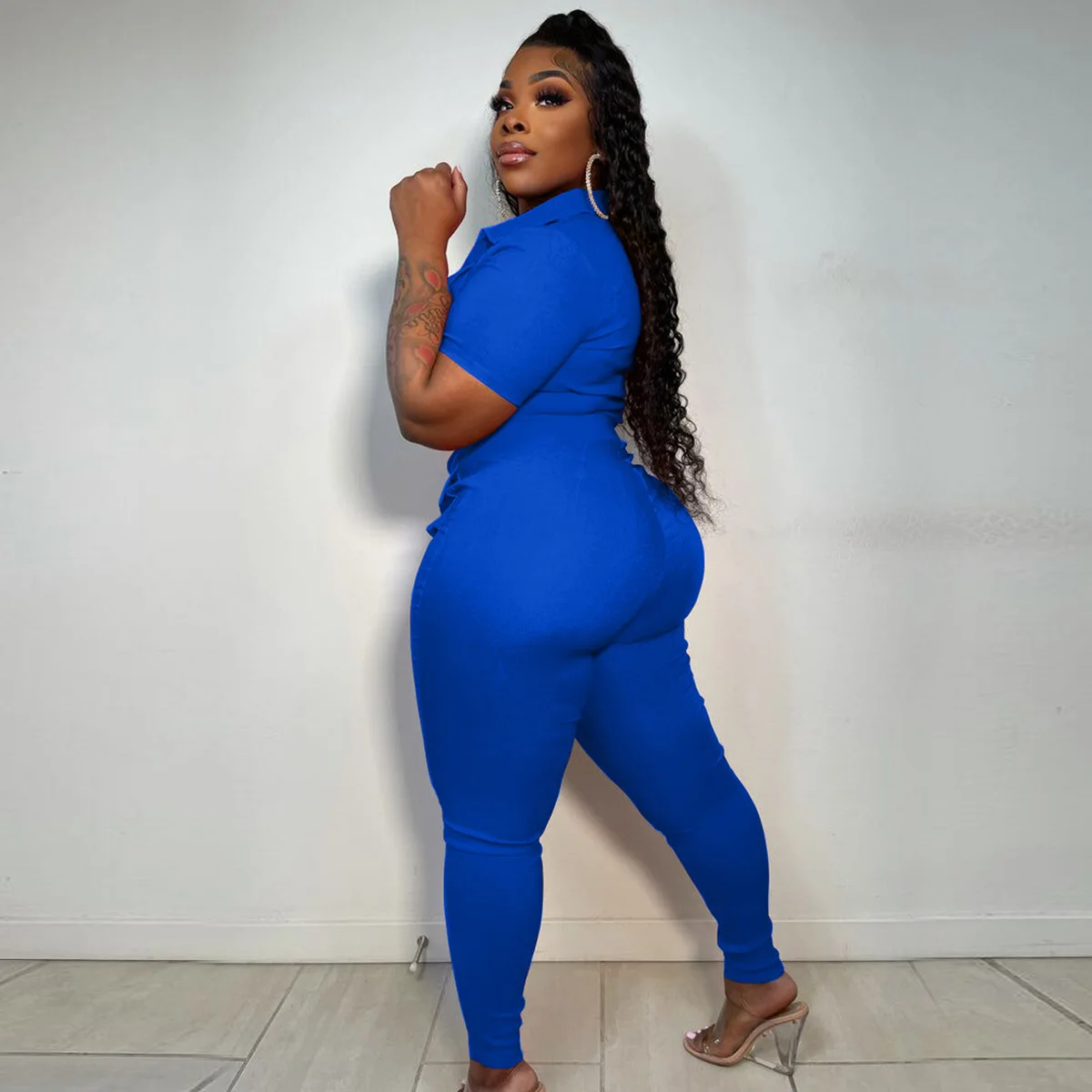 4x plus size jumpsuits with packet women playsuits with zipper Solid color short sleeve bodysuit