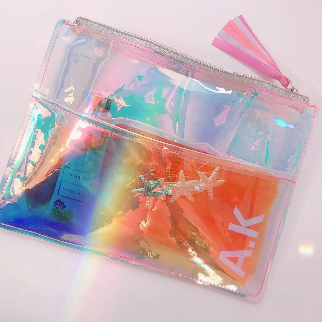 Holographic Clear plastic Colorful Glitter Confetti Powder Laser PVC Cosmetic Messenger File Envelope Pouch Bag