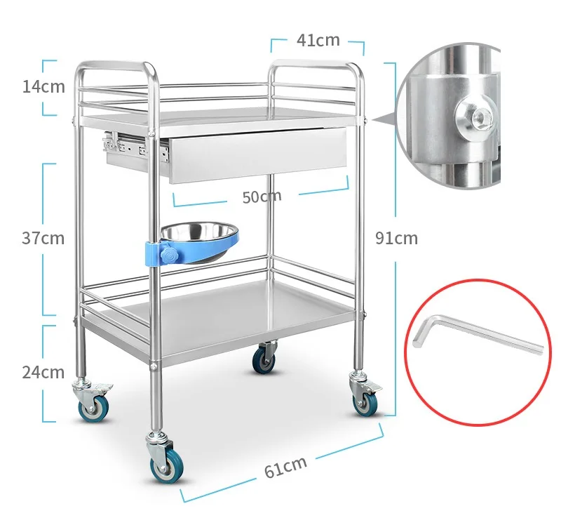 2-layer stainless steel hospital trolley nurse cart for dental clinic home use