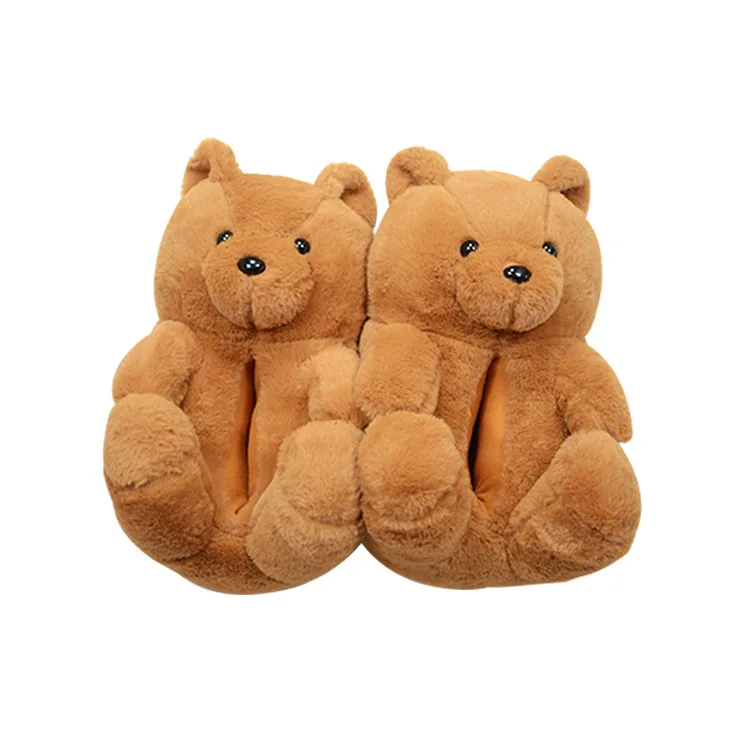 Winter Fashion kids Teddy Bear Slippers Open-Toe Cozy Plush Kids Fur Slides Orange Color children Fluffy Bear House Shoes