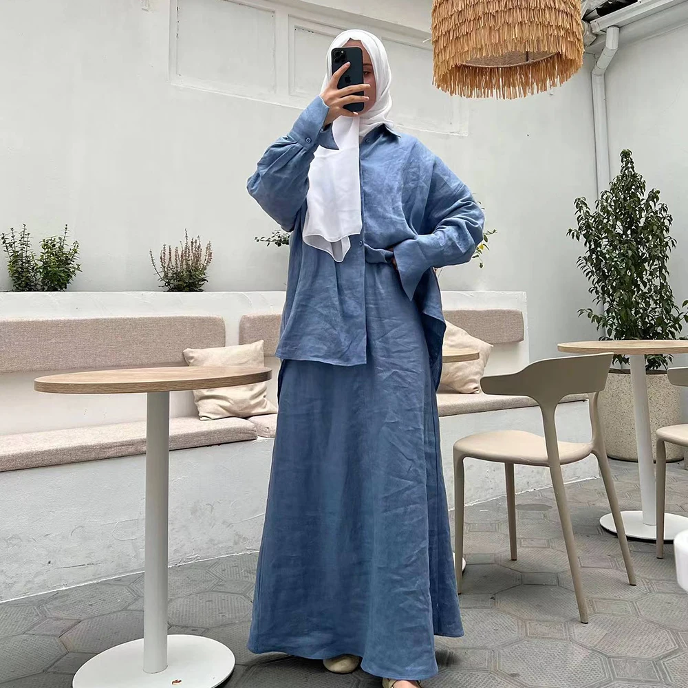 Women Shirts Kimonos Abaya 2 Piece Set Skirt Ladies Casual Wind Wholesale Dubai Turkey Women Muslim Dress Islamic Clothing 2024
