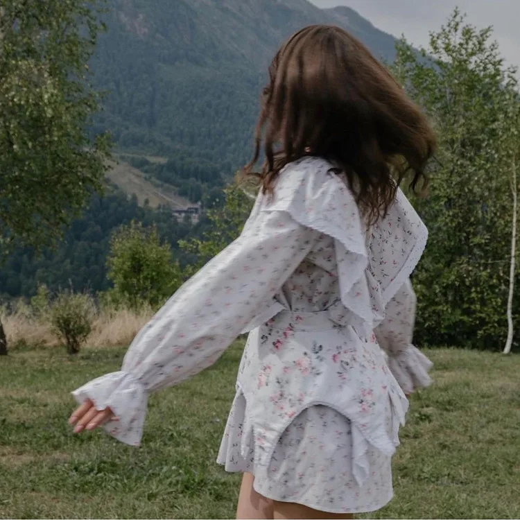 2024 Designs Button Up Lace Trim Ruffle Long Sleeve Short Summer Dresses Beautiful Floral Corset Shirt Dress For Young Ladies