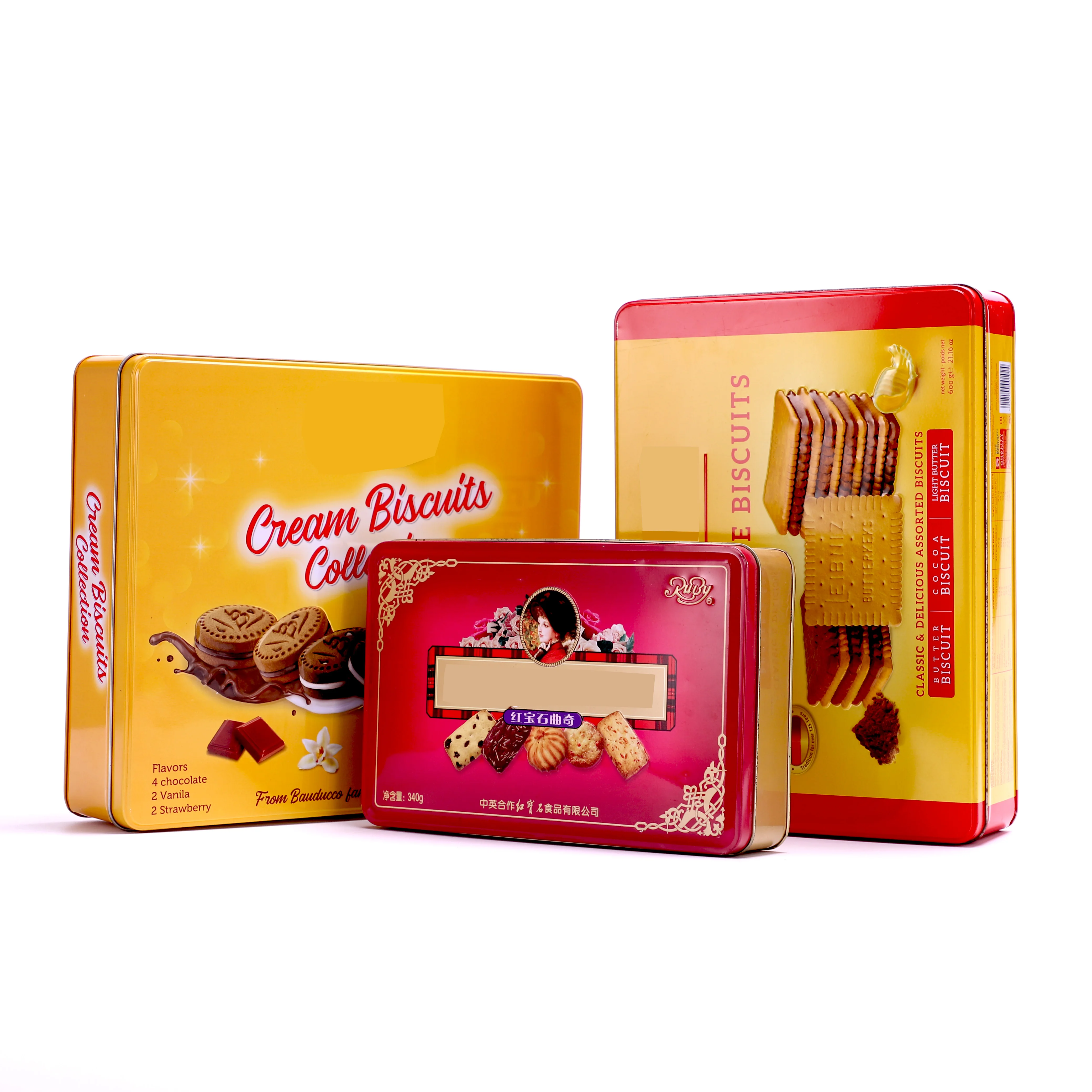 Flat rectangular metal cake box with handle custom biscuit tin box cake packaging box