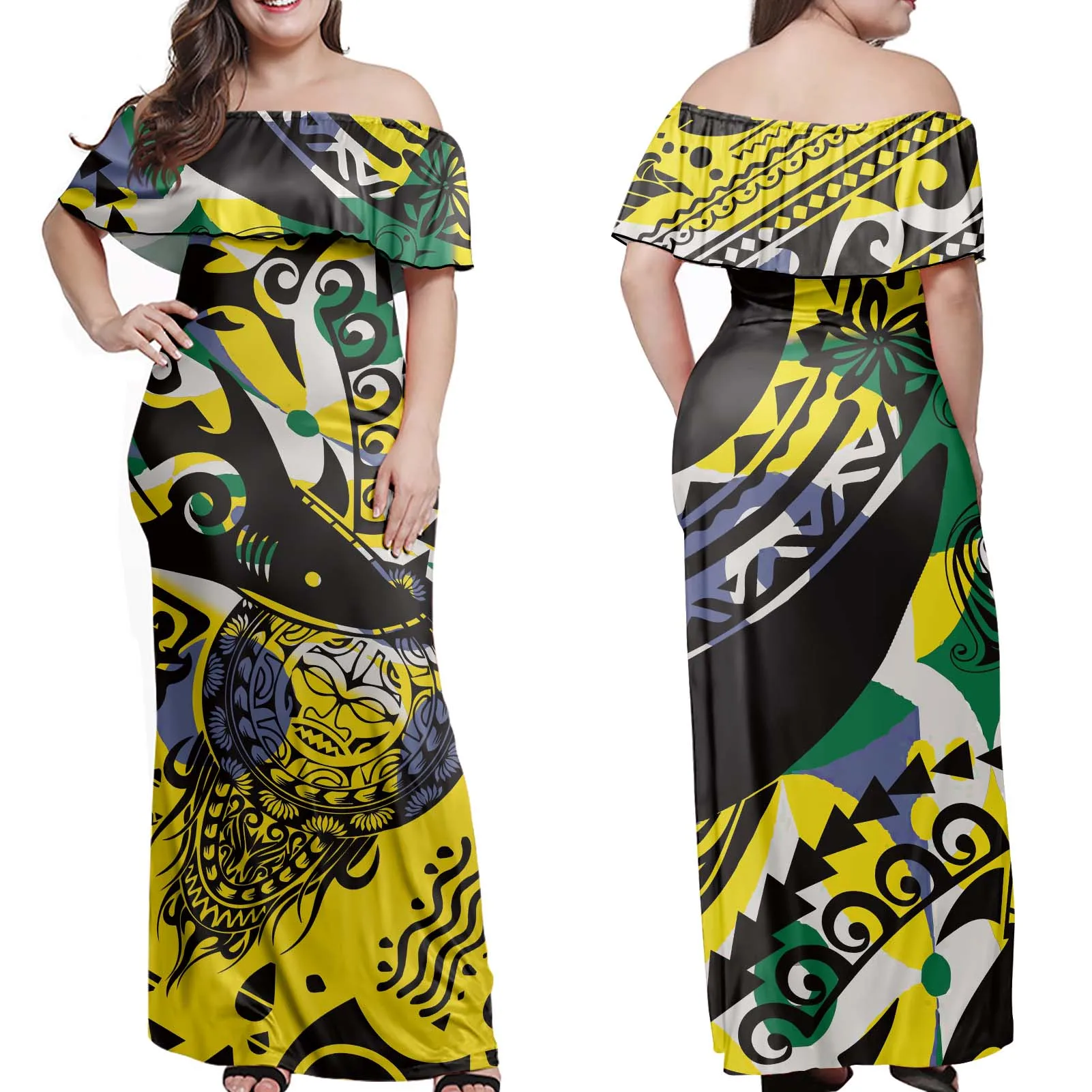 
2021 Private Label Polynesian Tribal Stripe Custom Logo Print Off Shoulder Dresses Lady Sexy 4XL 5XL 6XL 7XL Women Dress 