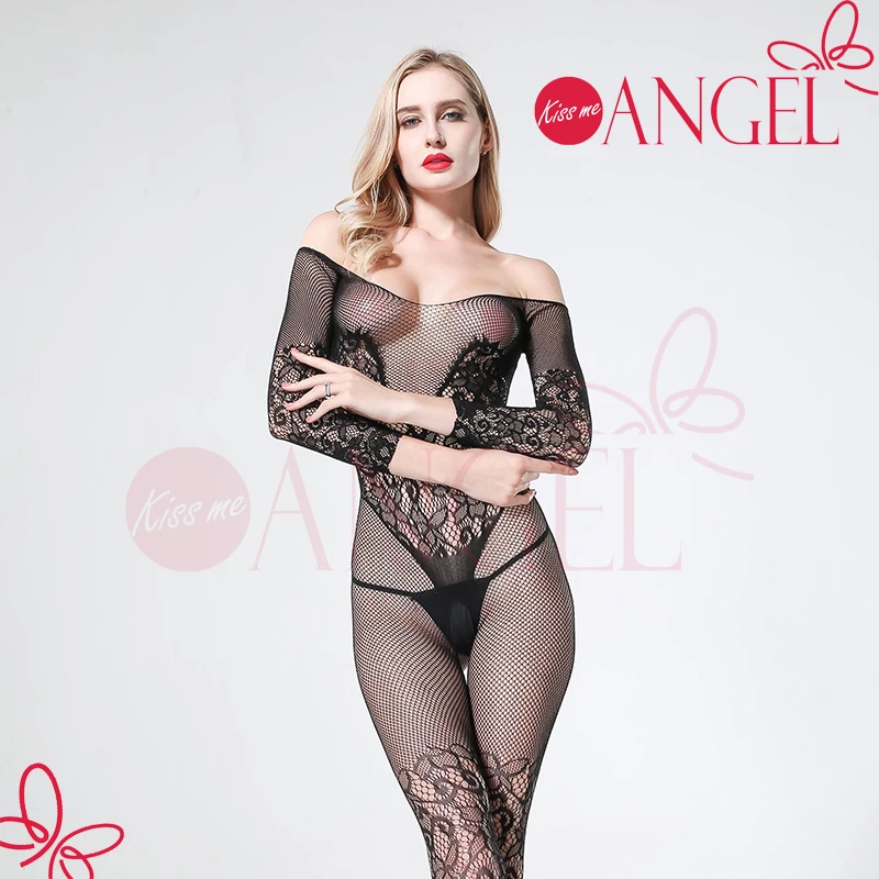 KISS ME ANGEL black see through one-piece long sleeve fishnet bodystocking crotchless babydoll bodysuits for women
