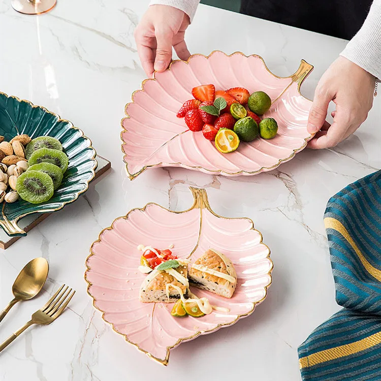 Unique fruit salad dishes leaf shaped ceramic dessert plate gold rim serving plates set for home decor