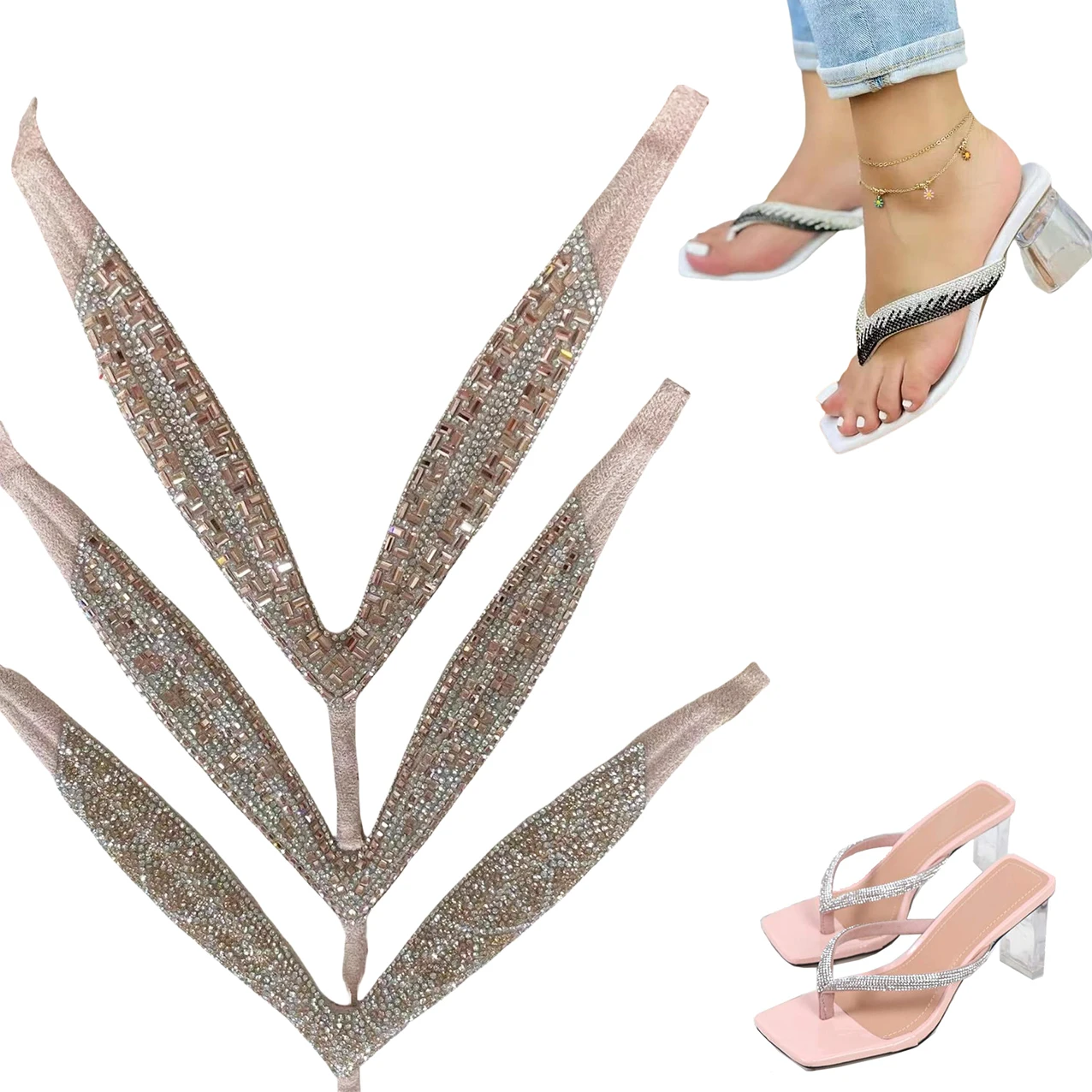 Three-Point Clip Footwear with White Square Grade a Crystal Glue Plastic Sandal Shoes Decorated with Flowers