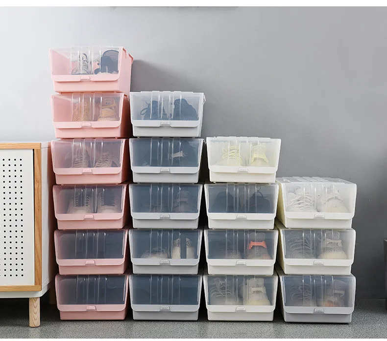 transparent stackable plastic shoe box shoe storage with flip lid