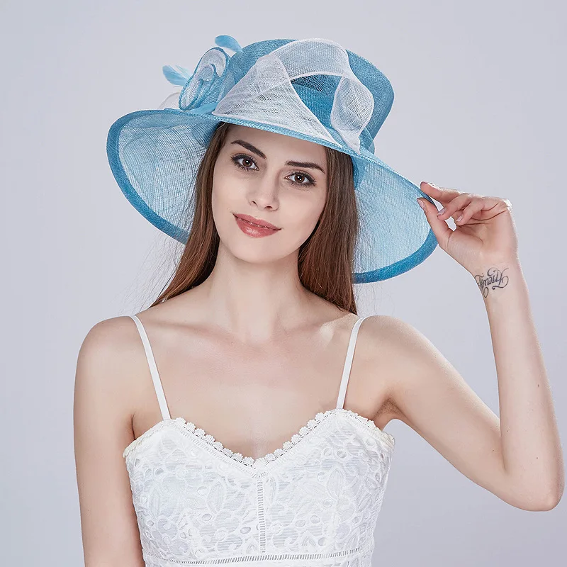 2024 Custom Fashion Women Lady Sinamay Wide Brim Church Hat Kentucky Derby Dress Hat Flower Tea Party Wedding White Hat