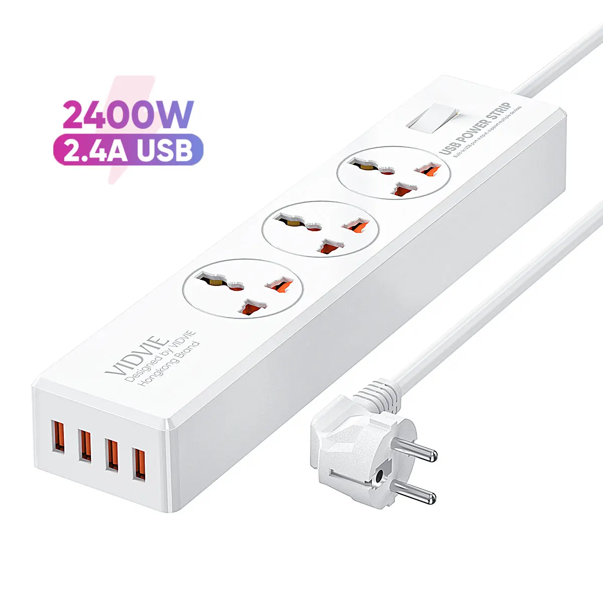 VIDVIE Universal Square EU Plug 4 USB Outlet Power Strip Extension Plugs & Sockets With Switch