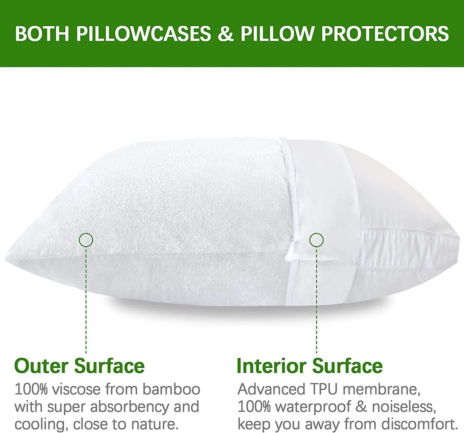Luxury Waterproof Pillow Protector 100% Bamboo Terry Pillowcase Covers 2 Pack All Sizes T/F/Q/K Bedding