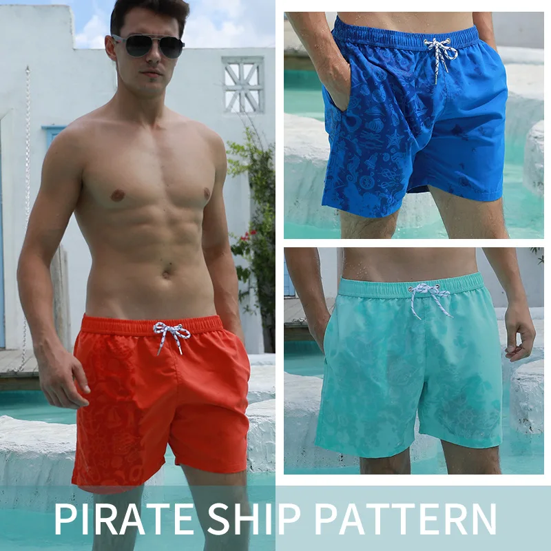 2023 Summer Water-reveal Beach Shorts Custom Fashion Men's Side Slip Pockets Water Reactive Short Color Changing Swim Trunks