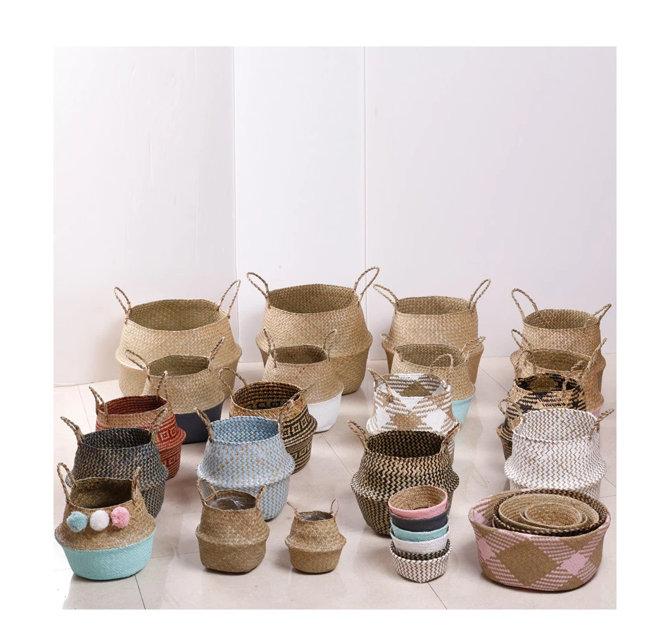 Straw basket wholesale large wicker woven baskets hamper home folding colorful portable laundry basket wicker woven