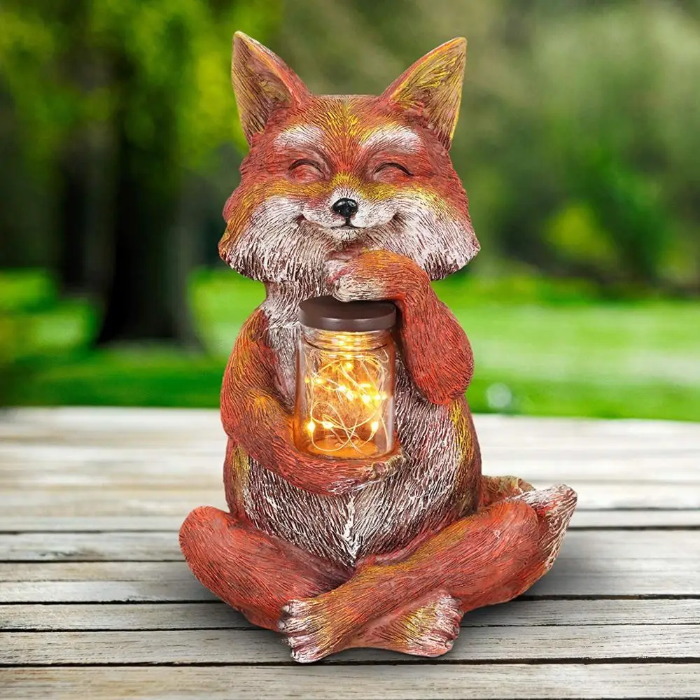 Fox with Firefly Jar Large Statue Glass Indoors & Outdoors Solar Light Gardening Resin Craft