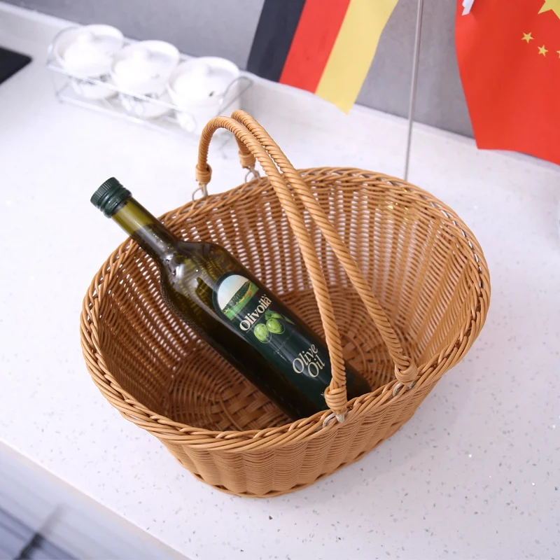 Wholesale Hand-woven Eco-Friendly Storage Type Brown Round PP Rattan Picnic Basket With Double Drop Down Handles
