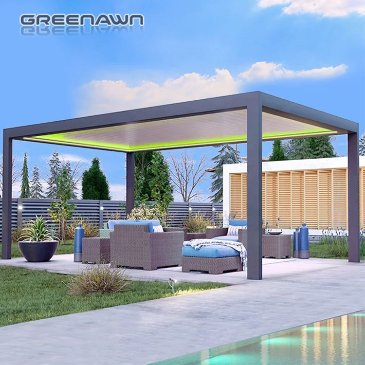 Terrace roof garden gazebo metal aluminium pergola bioclimatic with RGB light