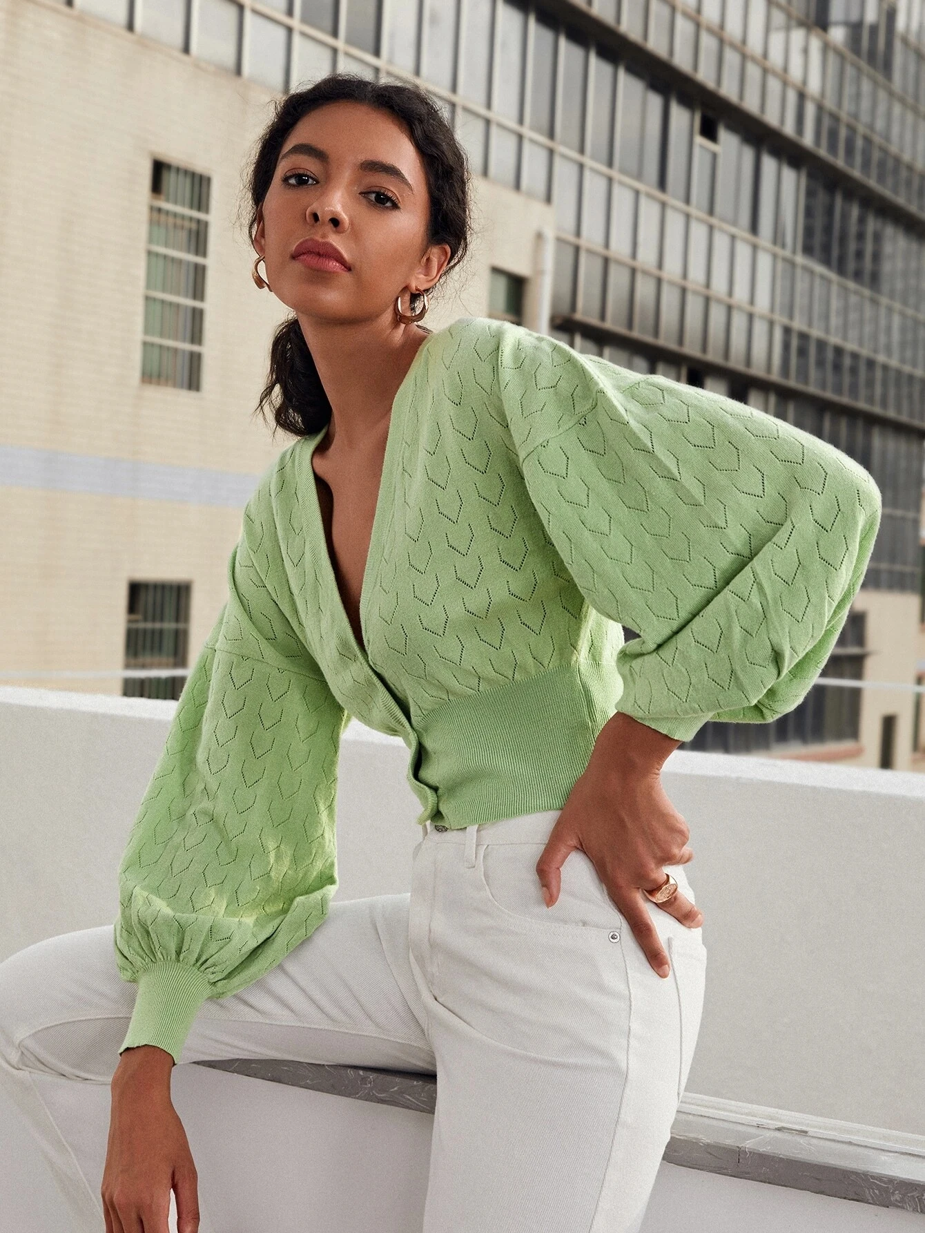 FYB 2021 New Design Summer Stylish Pointelle Long Sleeve V neck Womens Cool Knitted Cardigan Sweater