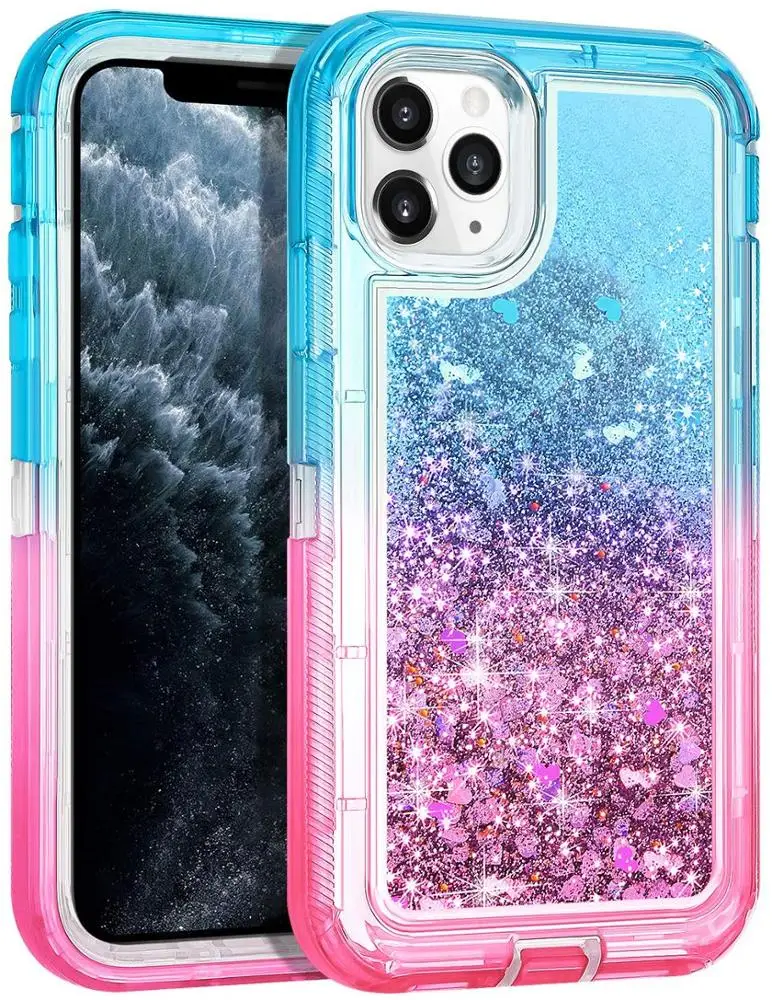  Чехол для iPhone 12 Блестящий сверхпрочный жидкий песок 3 в 1 Гибридный противоударный мягкий прозрачный резиновый нескользящий чехол