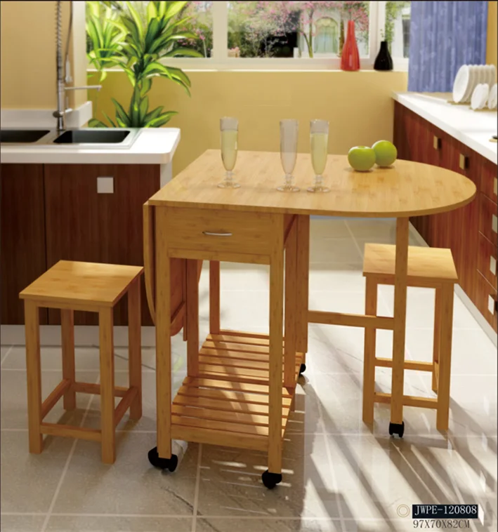 Double Drop Leaf Kitchen Trolley Cart Table with 2 Stools