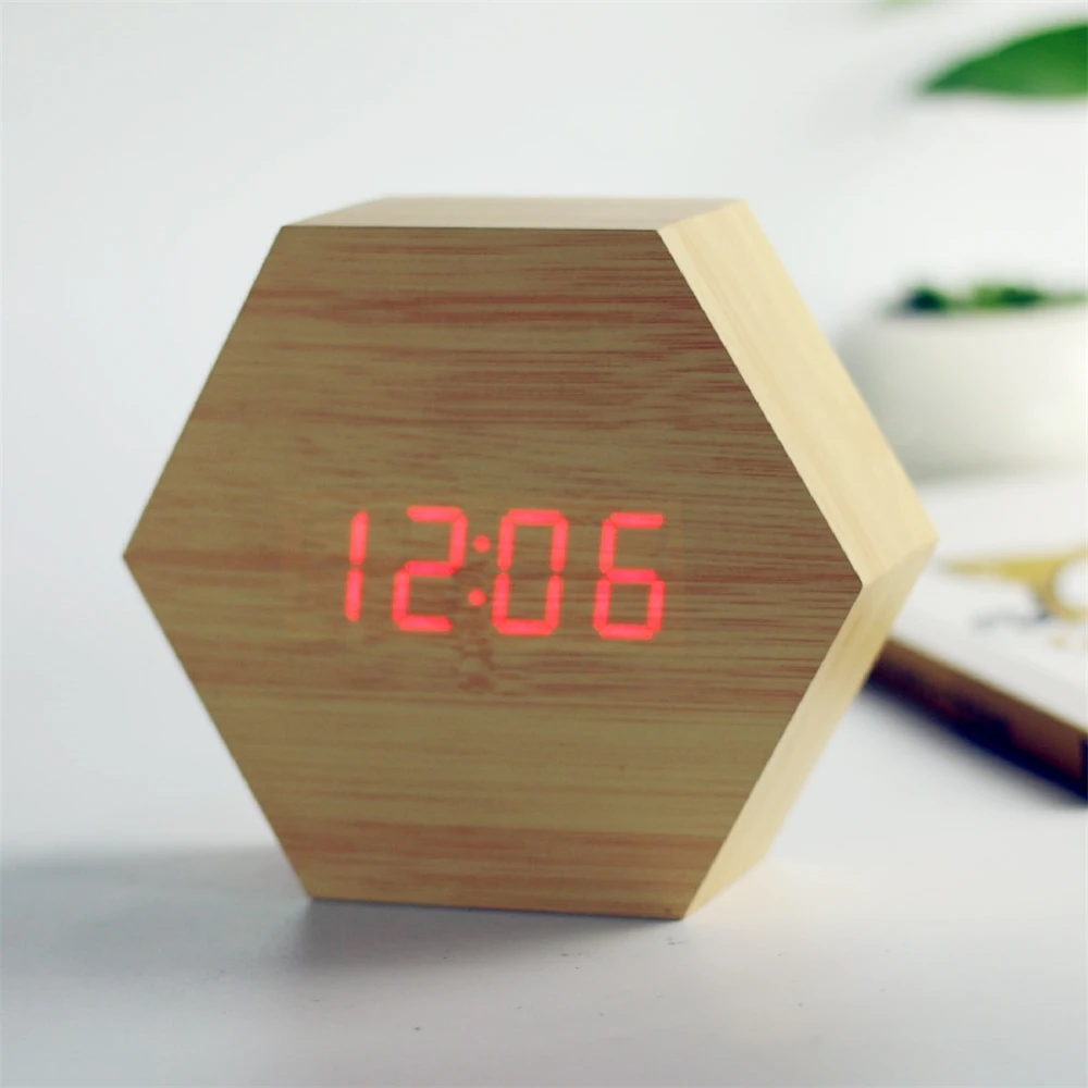 Marble Pattern table led number clock Digital Wooden LED Temperature Alarm Clock Wood Retro Glow Desktop Clock