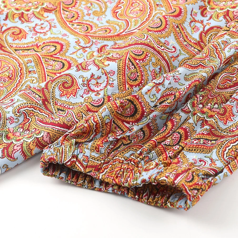 
New fashion half sleeve elegant vintage latest paisley printed design ruffled neck ladies short blouse style shirt 