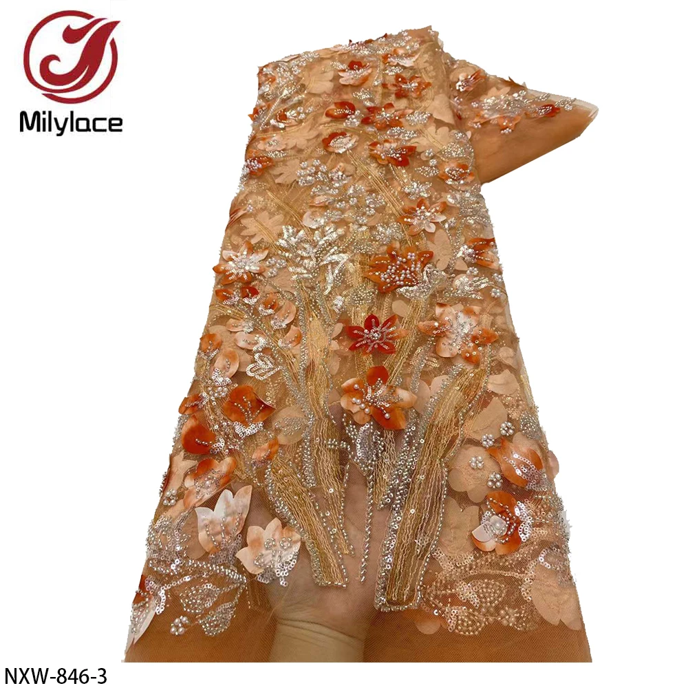 Burnt Orange 3D Flowers Bridal Wedding Lace Fabric Applique Beaded French Sequin Tulle Lace Fabric For Making Dress