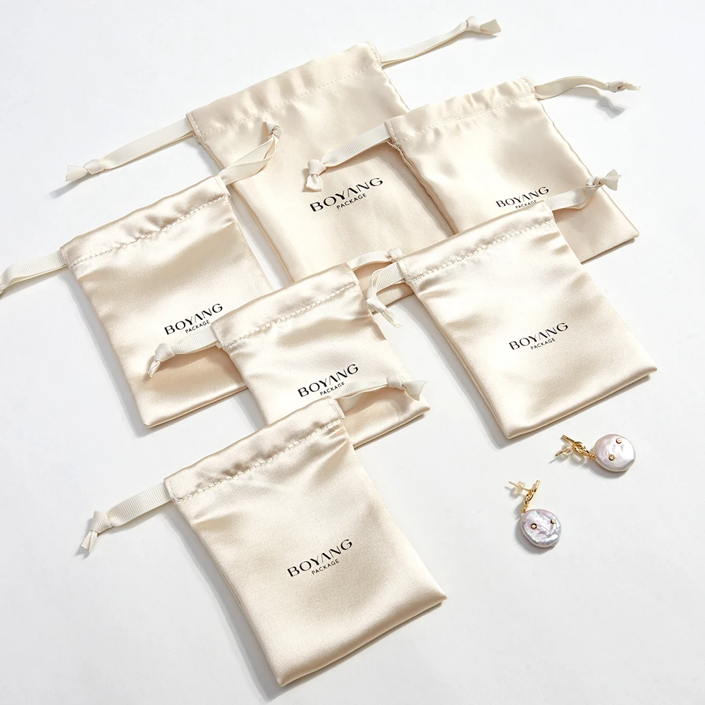 Boyang Custom Small Luxury Earring Ring Packaging Drawstring Satin Bag Pouch Jewelry