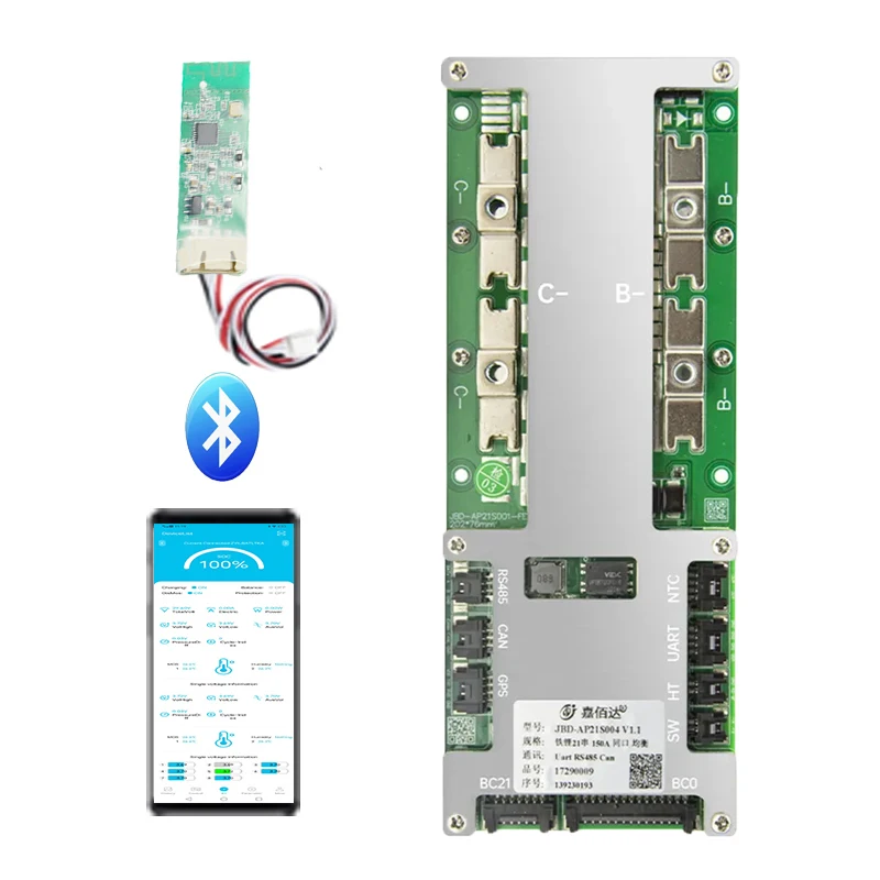 JBD 150a 200a 8-21S smart lithium battery bms UART/BT/RS485/CAN communication/LCD display lifepo4 16s 48v smart bms heating