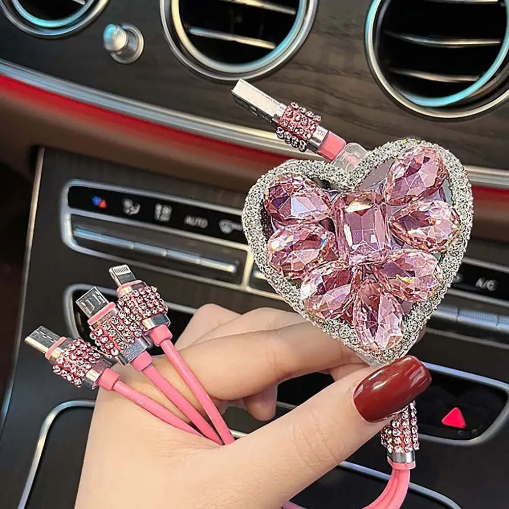 Crystal Heart Shape 3 in 1 USB Data Cable Mobile Phone Fast Charge Girls Gift Cute Fast Charging Cable