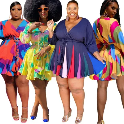 
HJ 20858 New 2020 Plus Size Women Clothing Printed V-Neck Sexy Women Big Skirt With Belt Plus Size Dress 