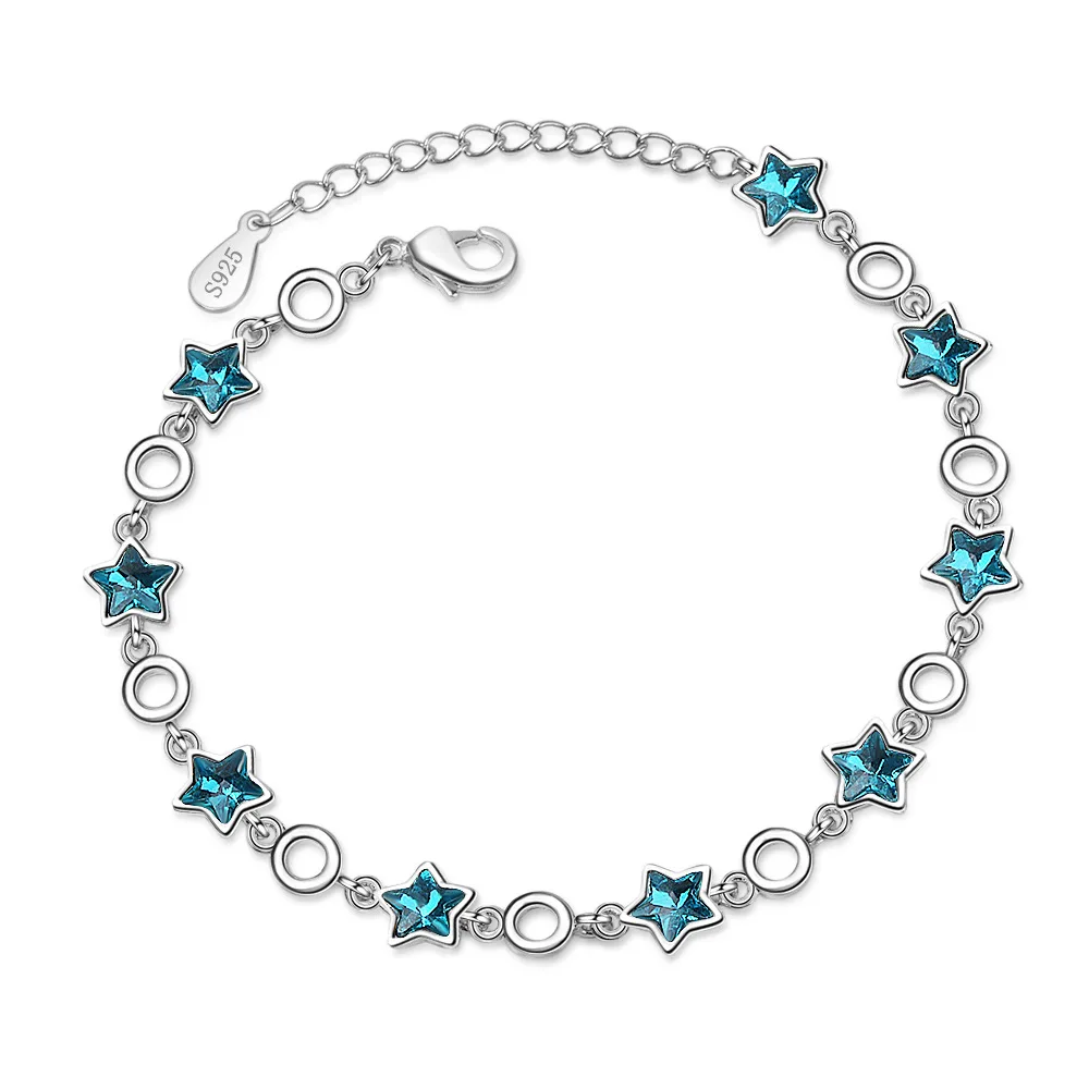 Wholesale Korean style simple blue pentagram artificial crystal cute star jewelry Bracelet  Palladium  Plated Women Jewelry