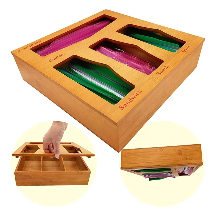 Openable Top Lids Ziplock Food Sandwich Storage Bag Organizer Holder Bamboo Ziplock Bag Storage Organizer for Drawer